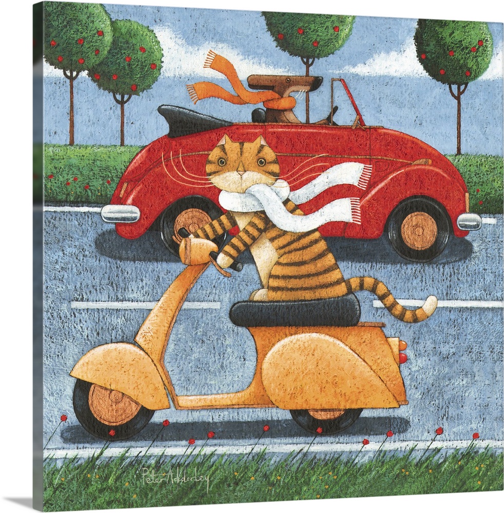 Contemporary painting of an orange striped cat riding an orange scooter while a in the background a dog drives by in a red...