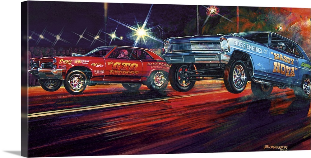 A big painting on canvas of two cars drag racing with both of their front tires in the air coming off the start.