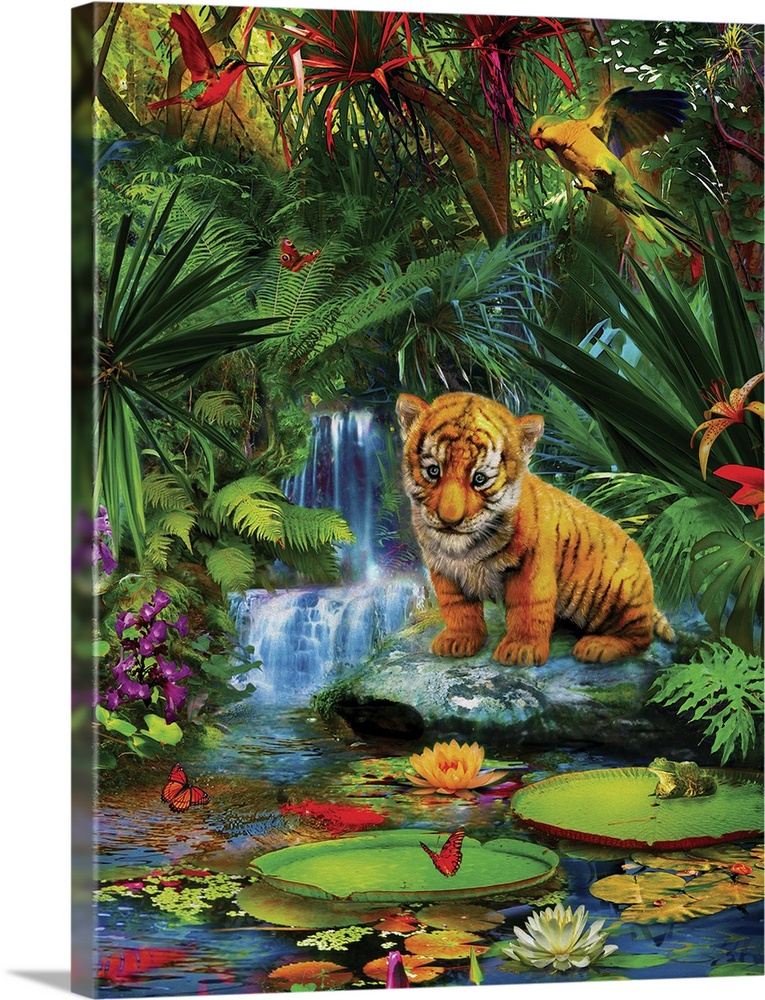 Whimsy illustration of a tiger cub sitting by a waterfall in the jungle.