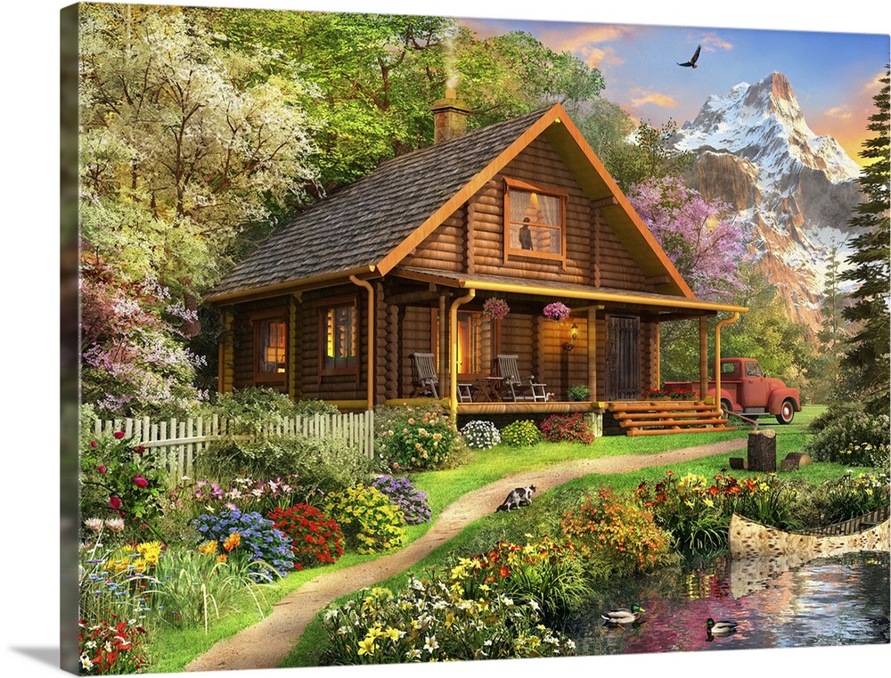 Illustration of a log Cabin somewhere in North America.