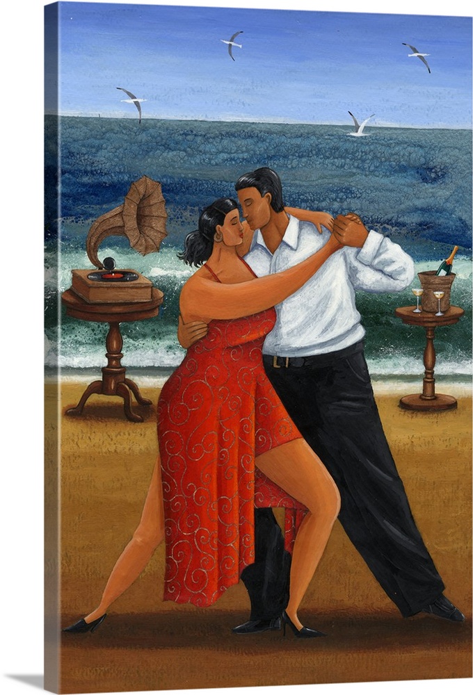 Contemporary painting of a Latin couple dancing to music on a beach.
