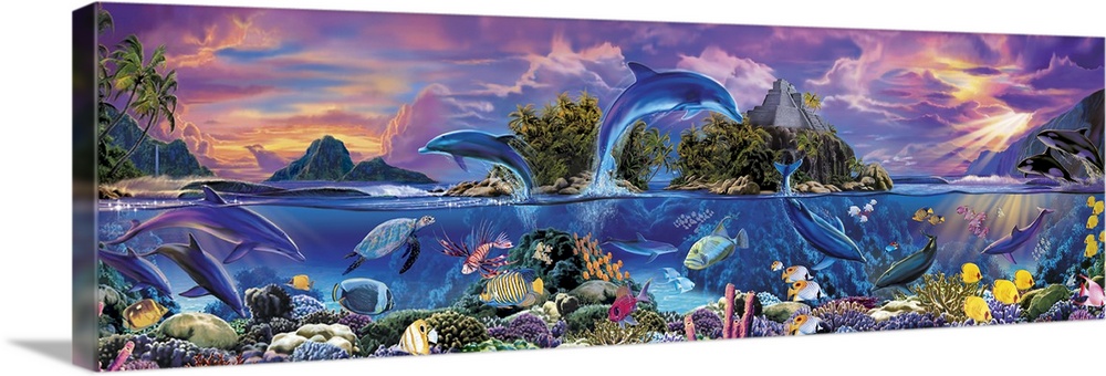 A painting of marine life, such as dolphins, sea turtles, and tropical fish, collaged together using vivid and pastel colo...