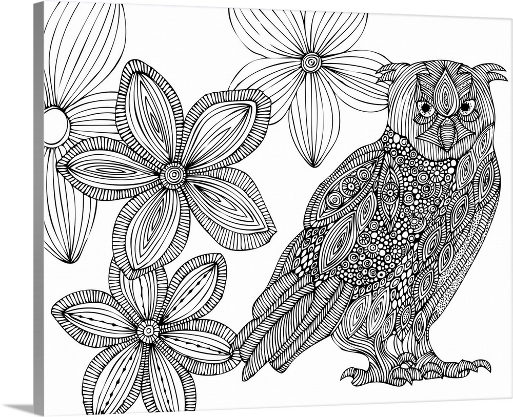 Contemporary line art of an ornately patterned owl and flowers against a white background.