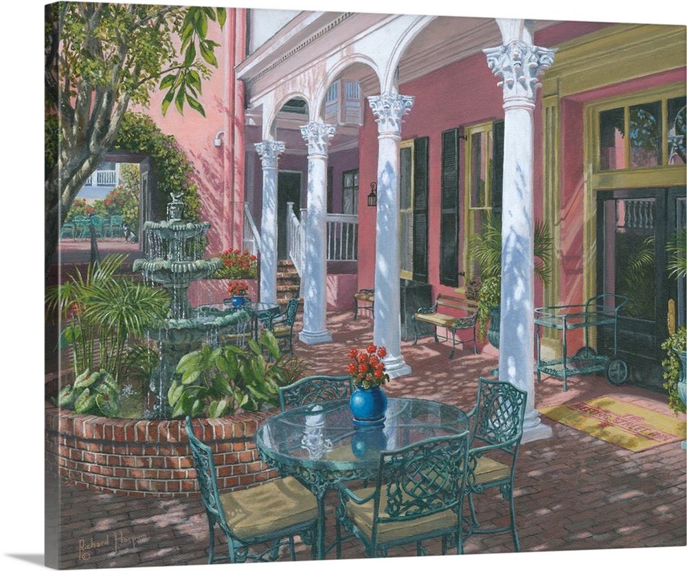 Contemporary artwork of a courtyward garden, with a table and chairs.