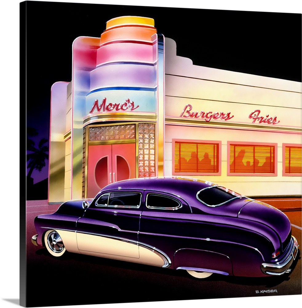 Stylized 50's Miami or Hollywood Burger joint in with a customized 1950 Mercury