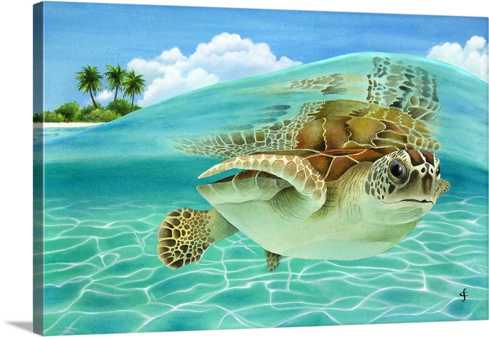 Watercolor painting of a sea turtle under a crystal blue wave with an island in the background.