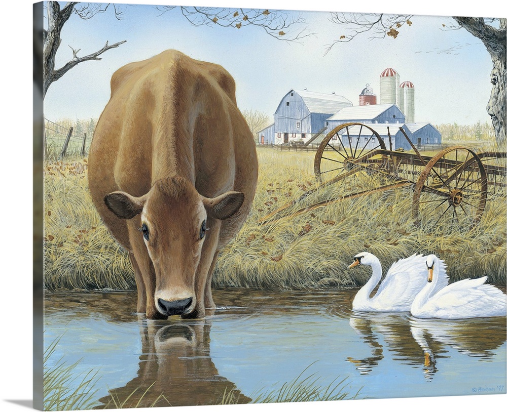 Contemporary painting of a cow drinking from a stream while swans float by.