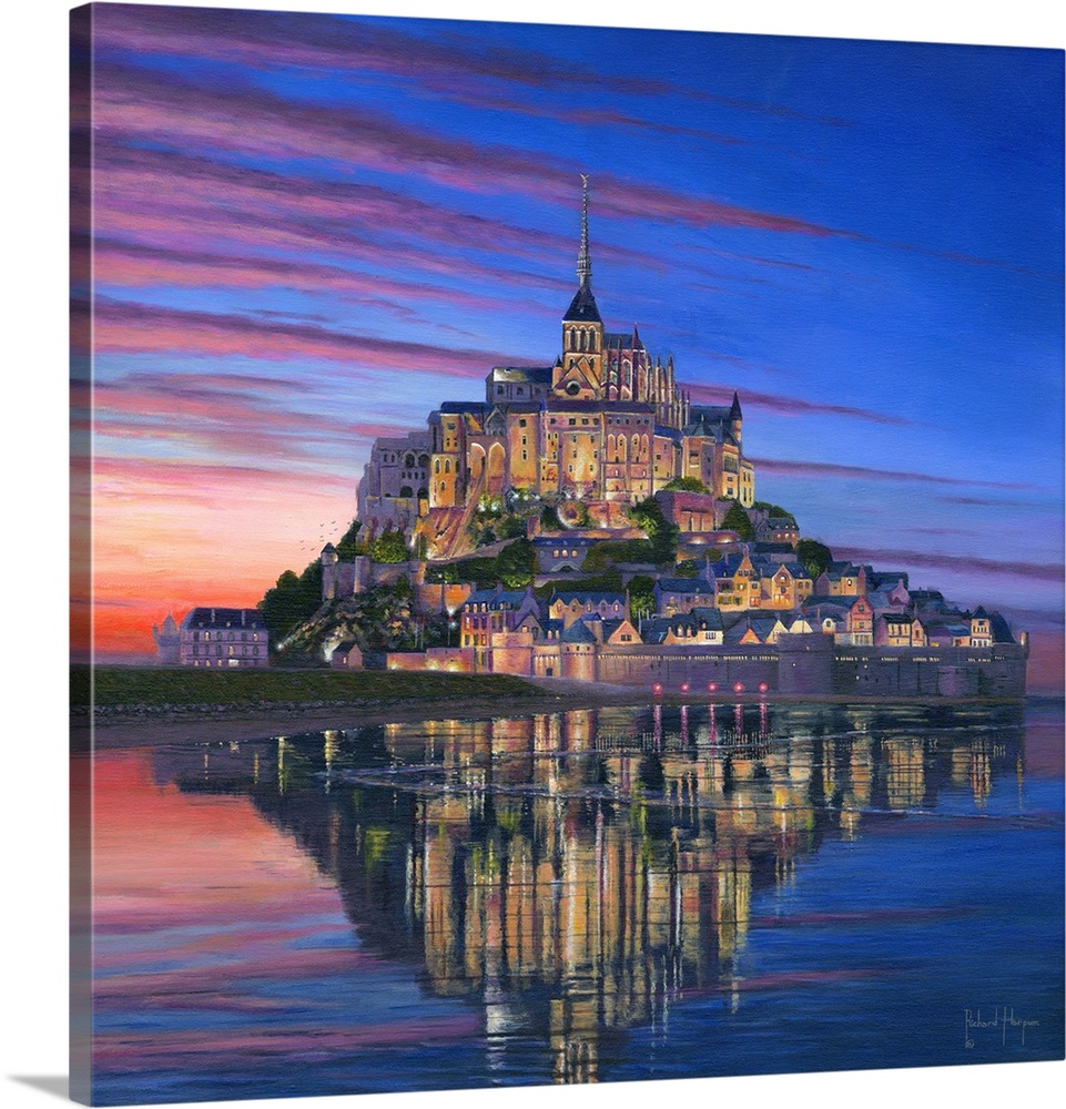 Contemporary artwork of a castle village across a still reflective water surface at night.