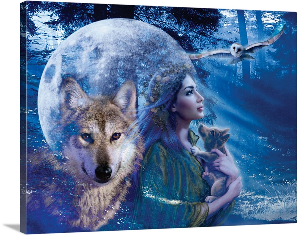 Giant, landscape, Native American artwork of the profile of a woman with long hair, holding a wolf cub as she looks off in...