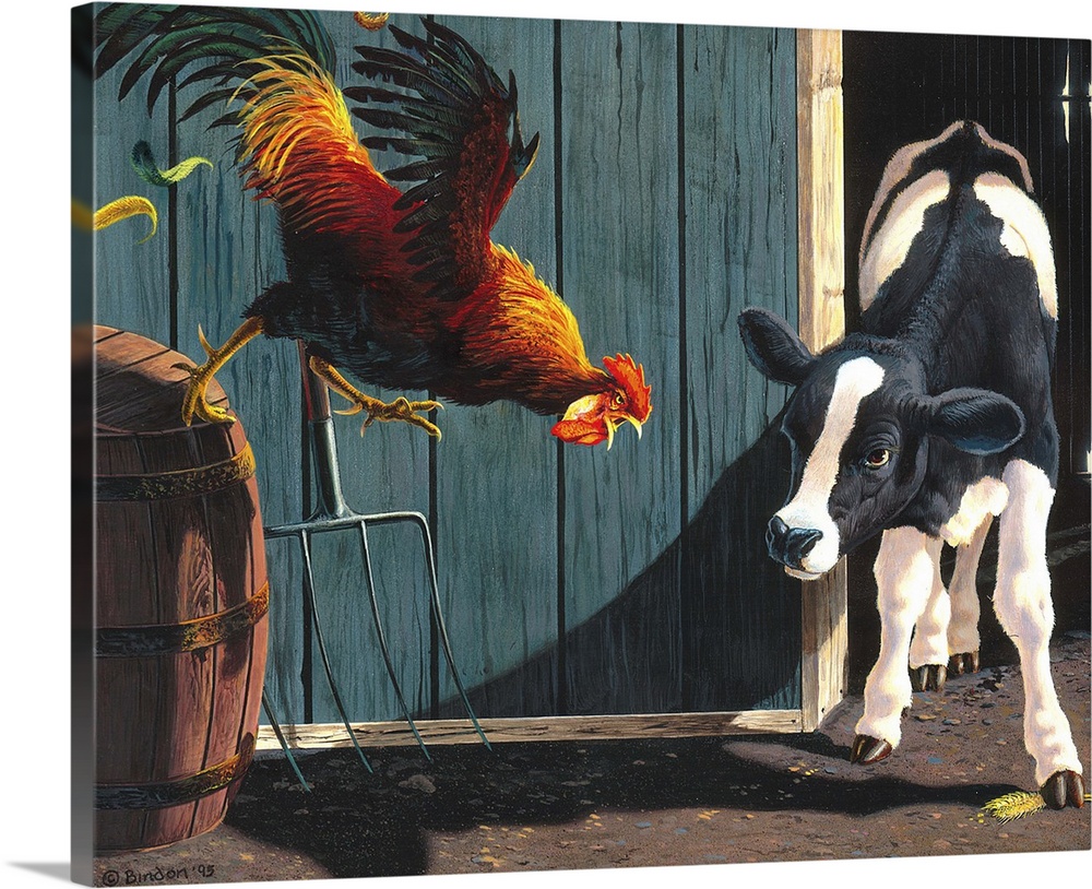 Contemporary painting of a calf protecting a bit of grain for itself while a rooster makes an attempt to take it.