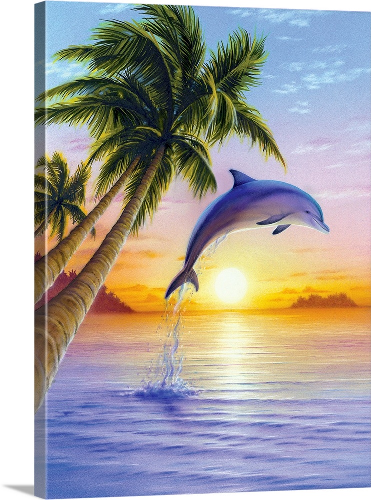 Colorful bright artwork of porpoise jumping out of water at sunset with palm trees in the foreground.