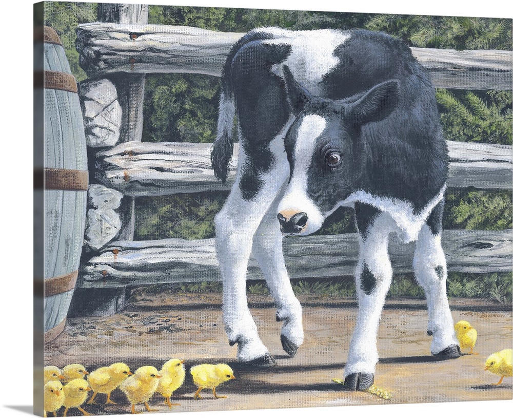 Contemporary painting of a calf surrounded by little bright yellow chicks.