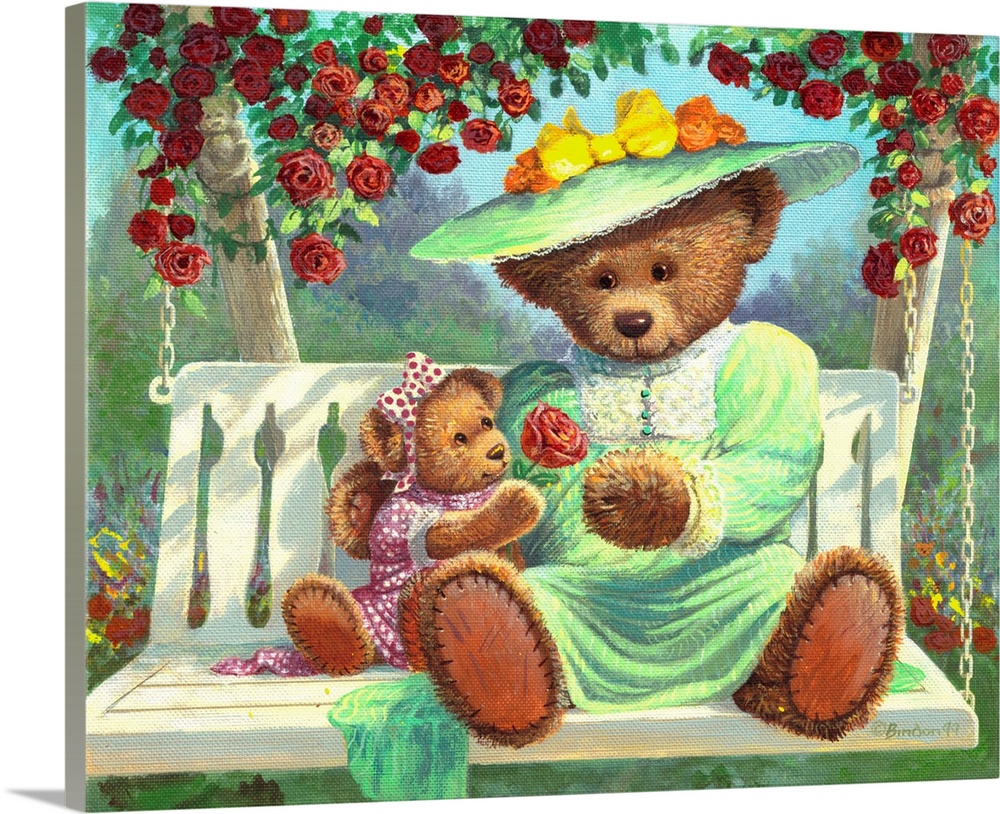 A mother teddy bear being given a rose flower by her daughter for mother's day.