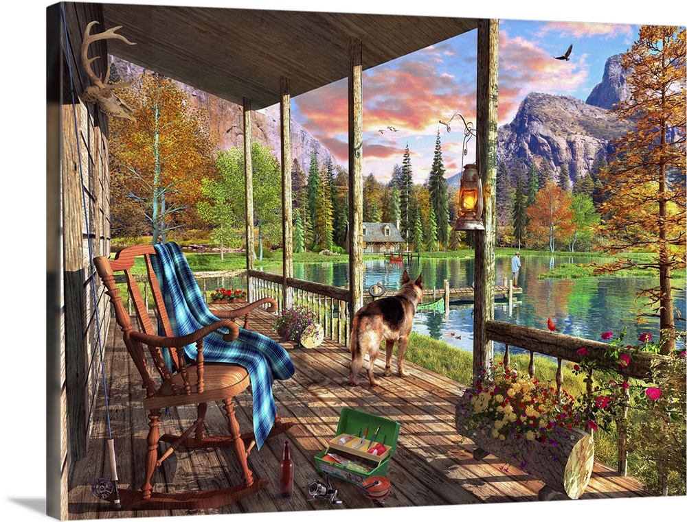 Illustration of a view of the lake and mountains from a cabin veranda.