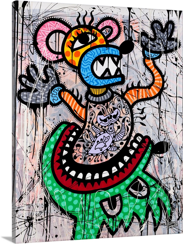 Contemporary artwork of a green monster eating a mouse figure decorated in elaborate designs, against an abstract background.