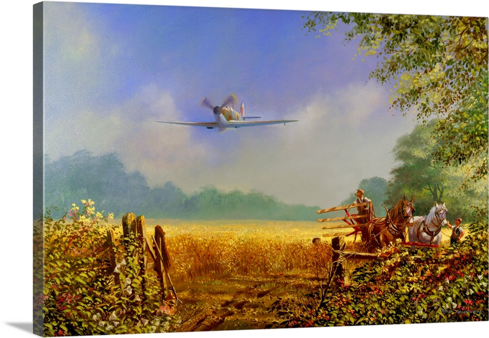 Painting of a military plane flying over a rural farm landscape.