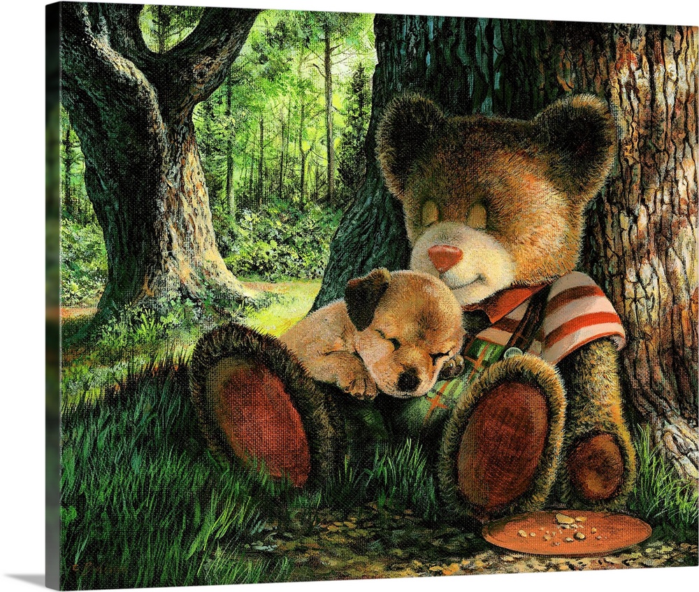 A teddy bear sleeping against a tree in a forest with a puppy laying his lap.