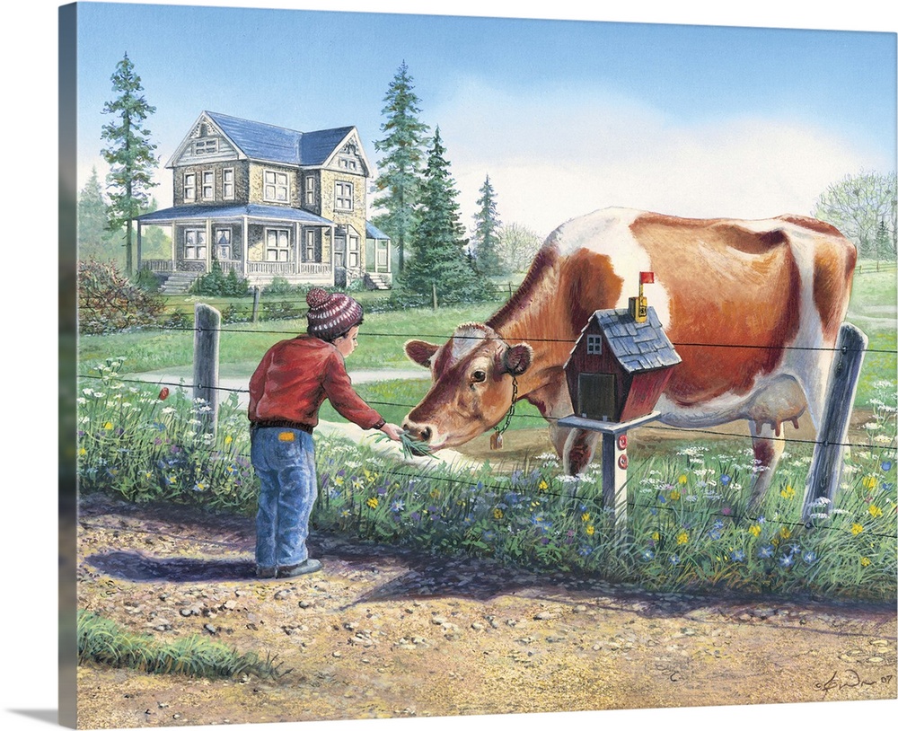 Contemporary artwork of a boy feeding a cow in a field.