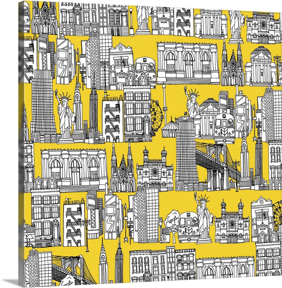 repeating pattern ~ Ink illustrated hotchpotch of New York city landmarks, monuments and buildings