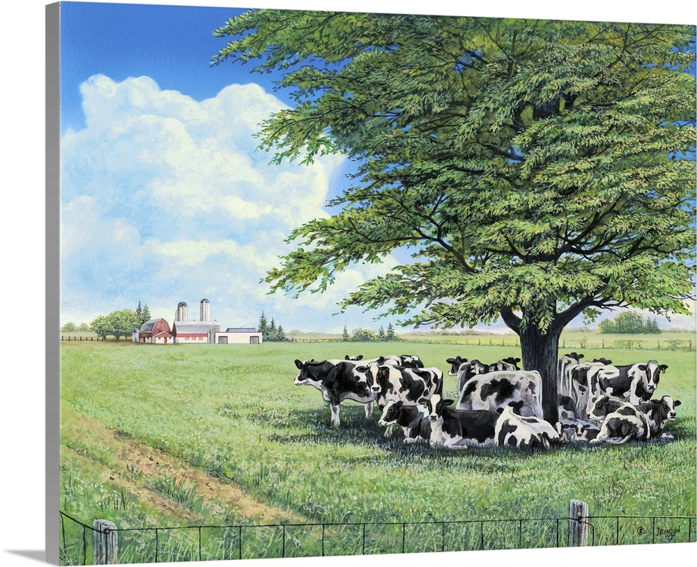Contemporary painting of a herd of cows under the shade of a lone tree in a field.