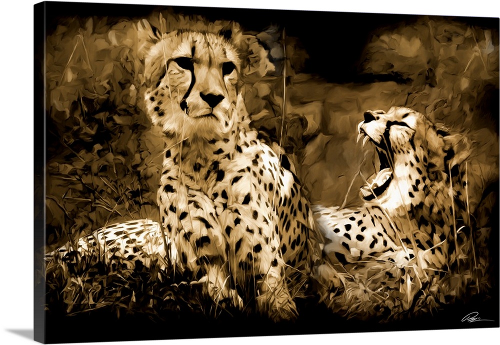 Contemporary animal art of two cheetahs laying together.