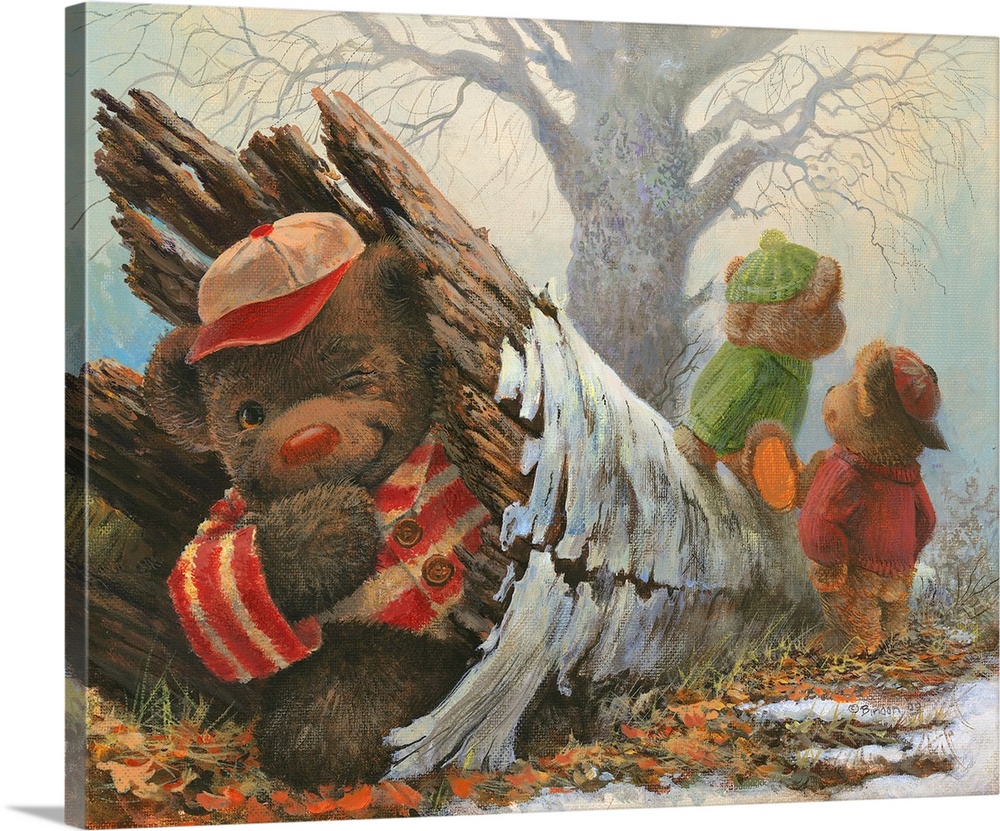A teddy bear hides in a hollow tree from his friends.