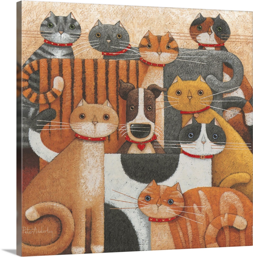 Contemporary painting of a group of cats with a dog sitting in the middle of them.