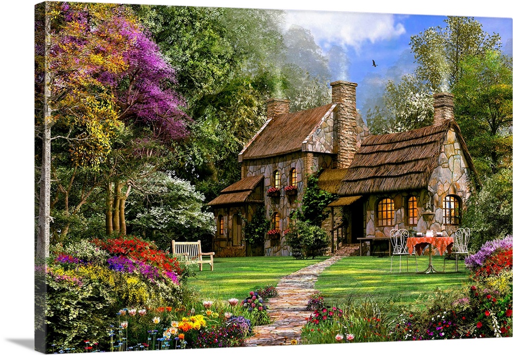 Decorative artwork perfect for the home of a country house that is surrounded by tall trees and a garden in front.