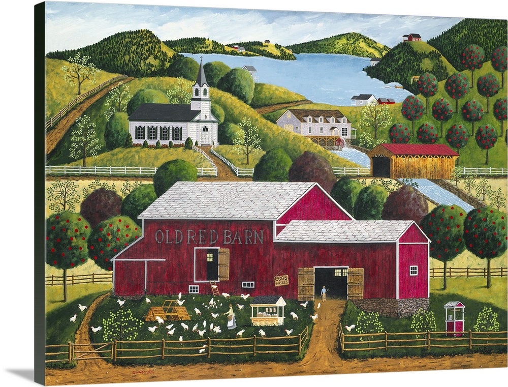 Americana scene of a red barn with chickens in the yard surrounded by an orchard.