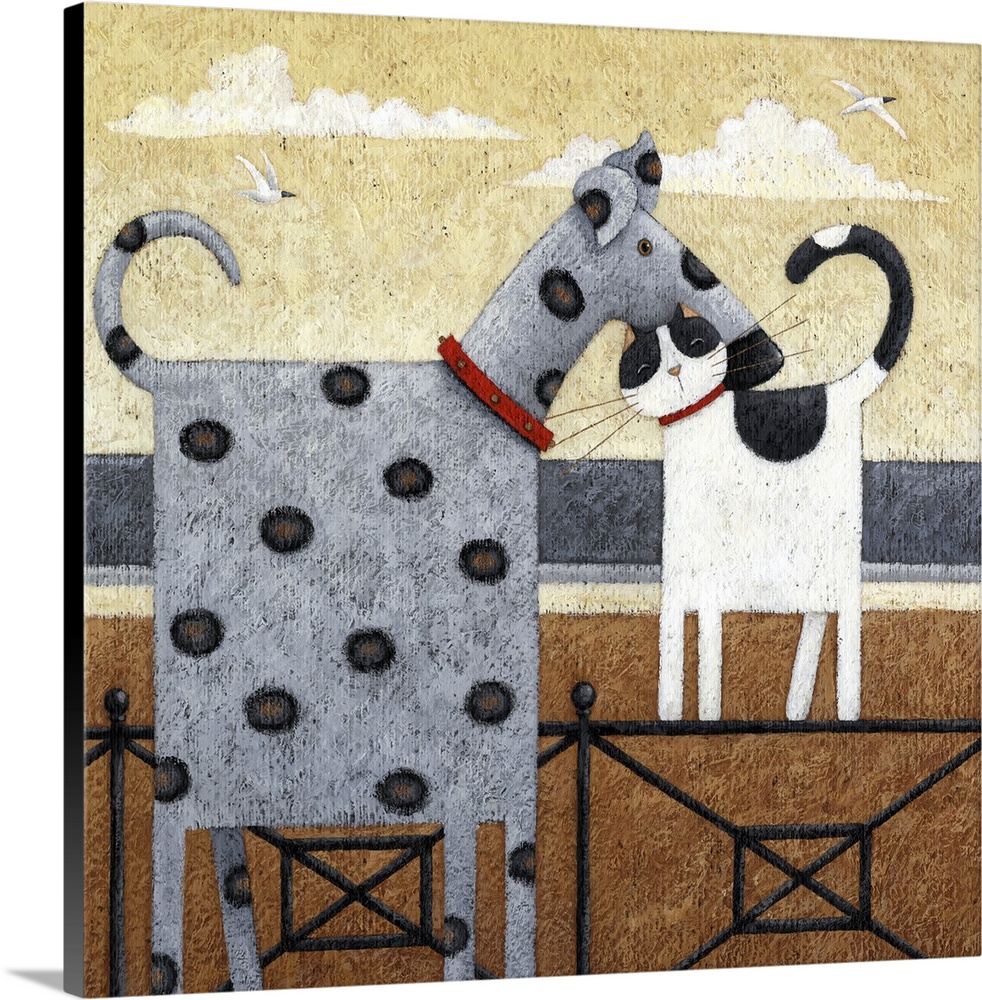 Contemporary painting of a spotted dog be nuzzled by a cat.