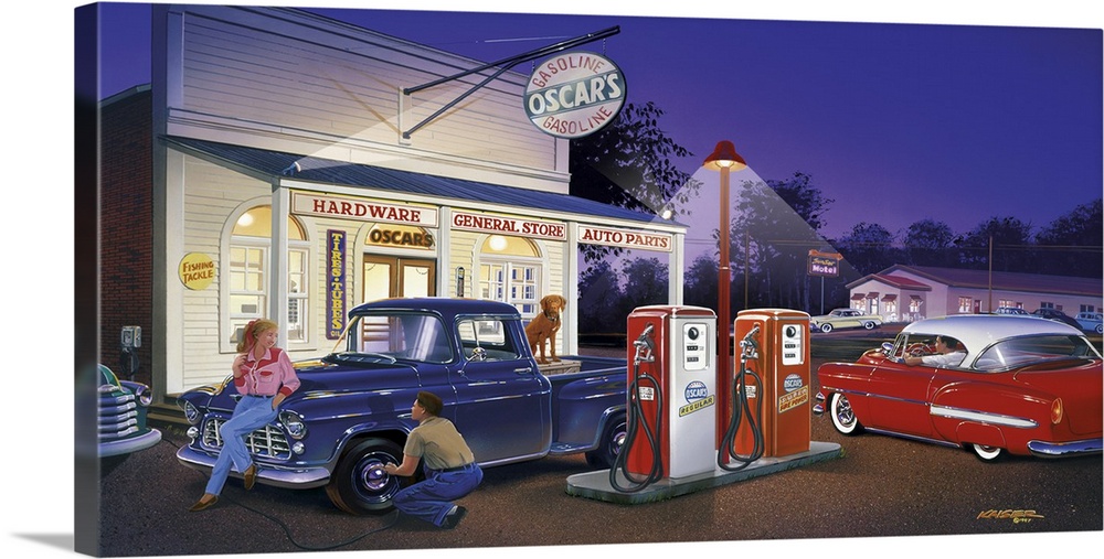 Landscape, large wall picture of a small town general store and gas station in the late 1950s, lit up at night.  A 1955 Ch...