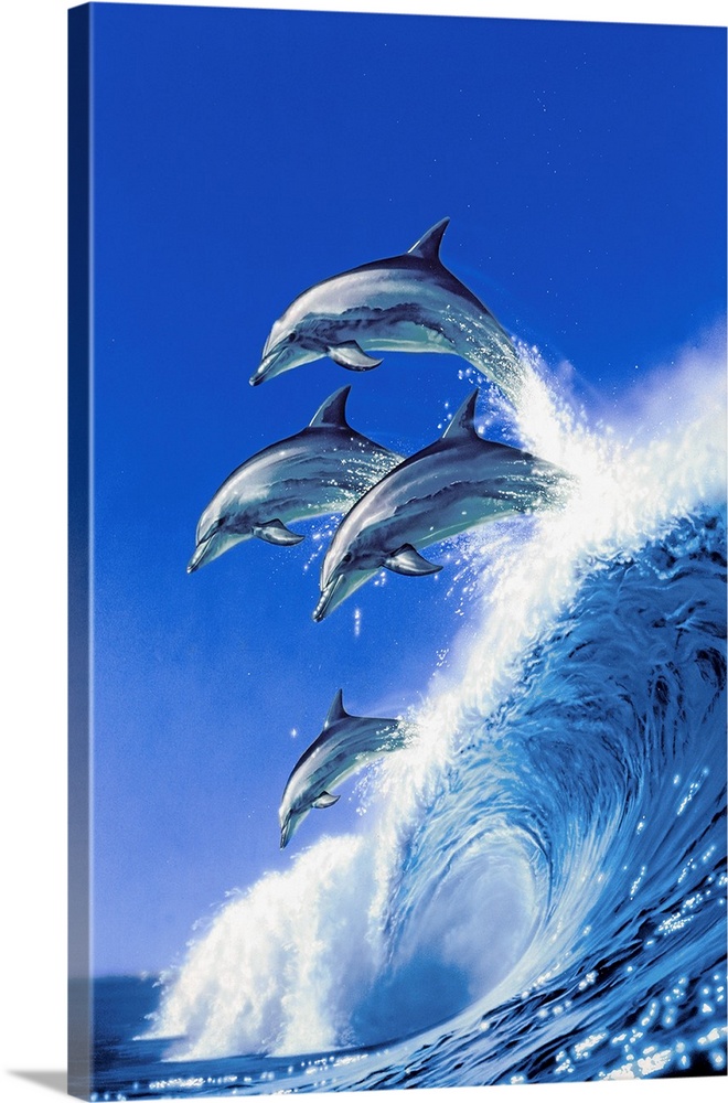 dolphins riding above a blue wave
