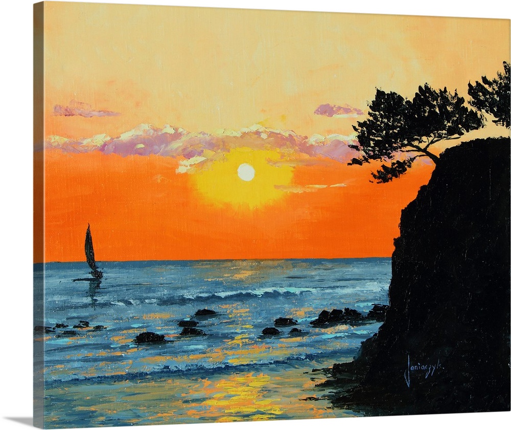Contemporary painting of a seascape at sunset with the silhouette of a sailboat on the water.