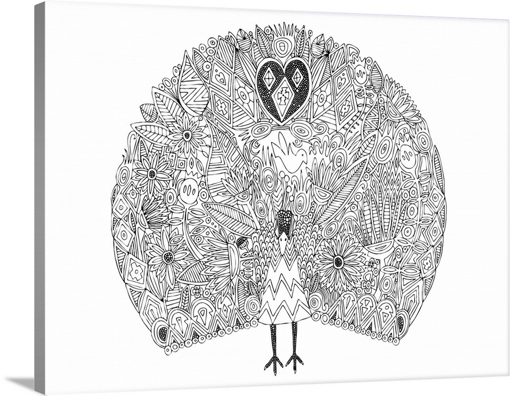 Black and white line art of a peacock displaying its plumage with images inside the line work.