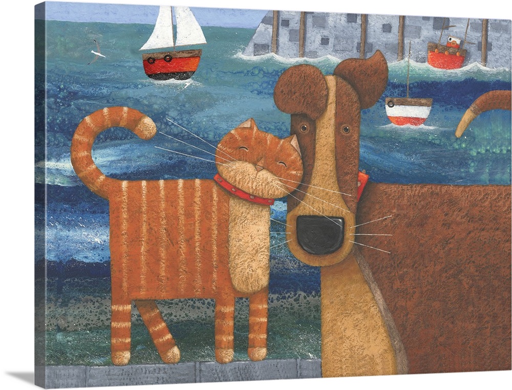 Nautical themed artwork of a dog being nuzzled by a cat with a harbor with sailboats in it in the background.