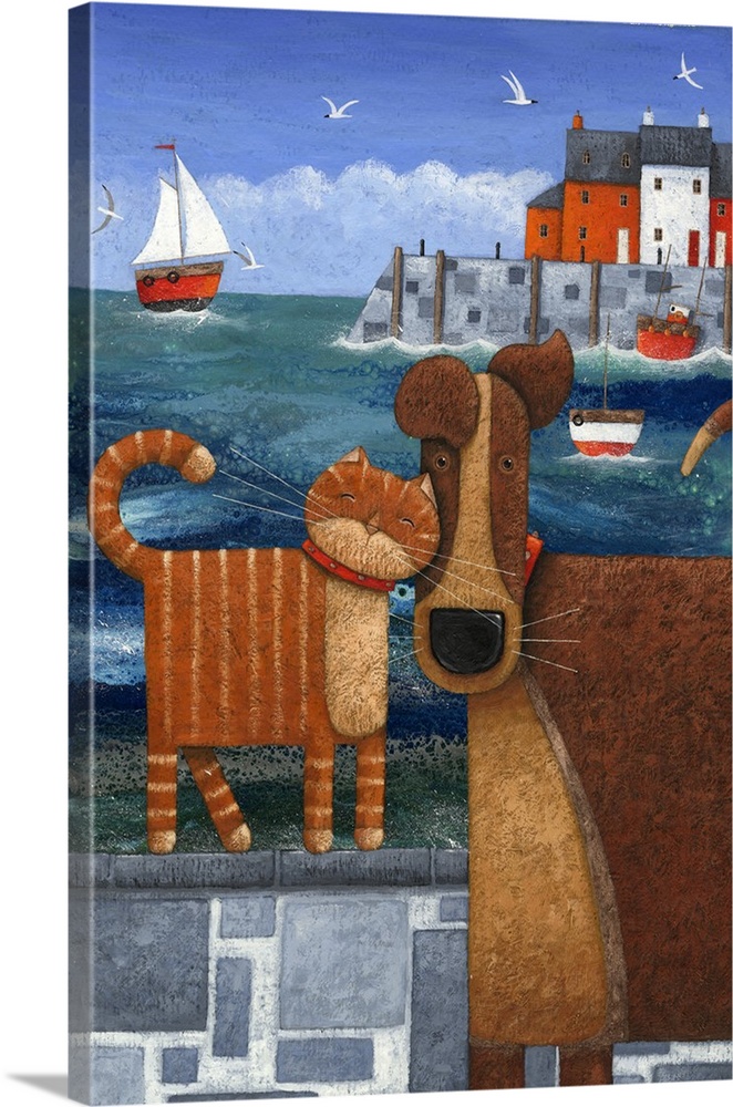Contemporary nautical painting of a cat nuzzling a dog, with a harbor town scene in the background.