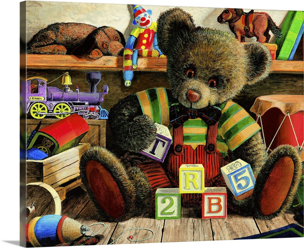 A young teddy bear plays with his blocks in his room.