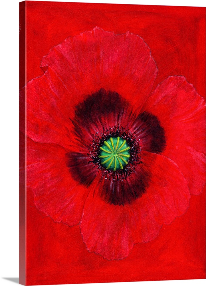 Contemporary painting of a red flower against a red background.