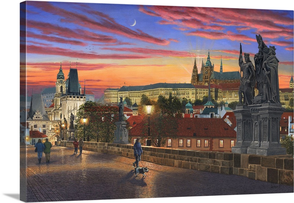 Contemporary artwork of an old European city at night with people walking on a bridge in the foreground.