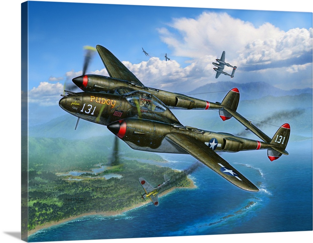 Tomas McGuire guides his famed P-38 Lightning "Pudgy" to another victory over a South Pacific island in 1943.