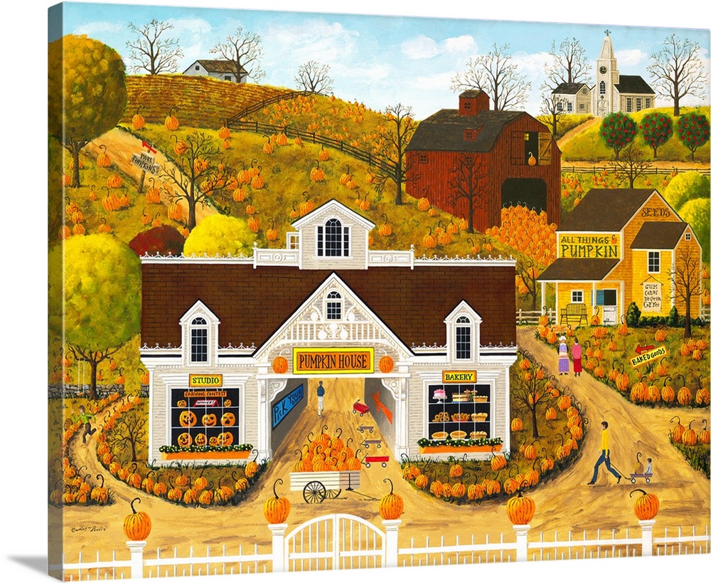 Americana scene of a farm selling pumpkin goods including carving pumpkins, pies, and seeds.