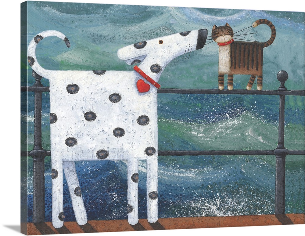 Contemporary painting of a dalmatian sniffing a cat standing on a railing with water in the background.