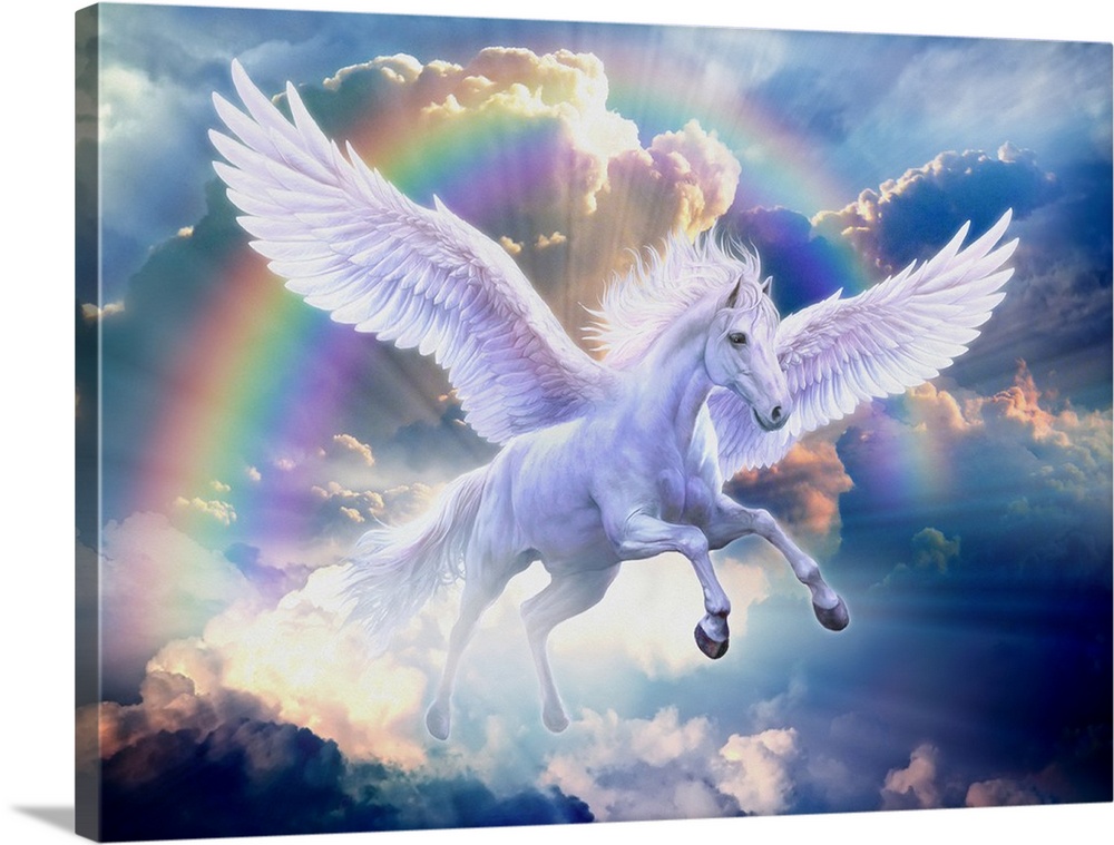 Artwork of a white Pegasus flying through a rainbow in a sky of blue clouds.