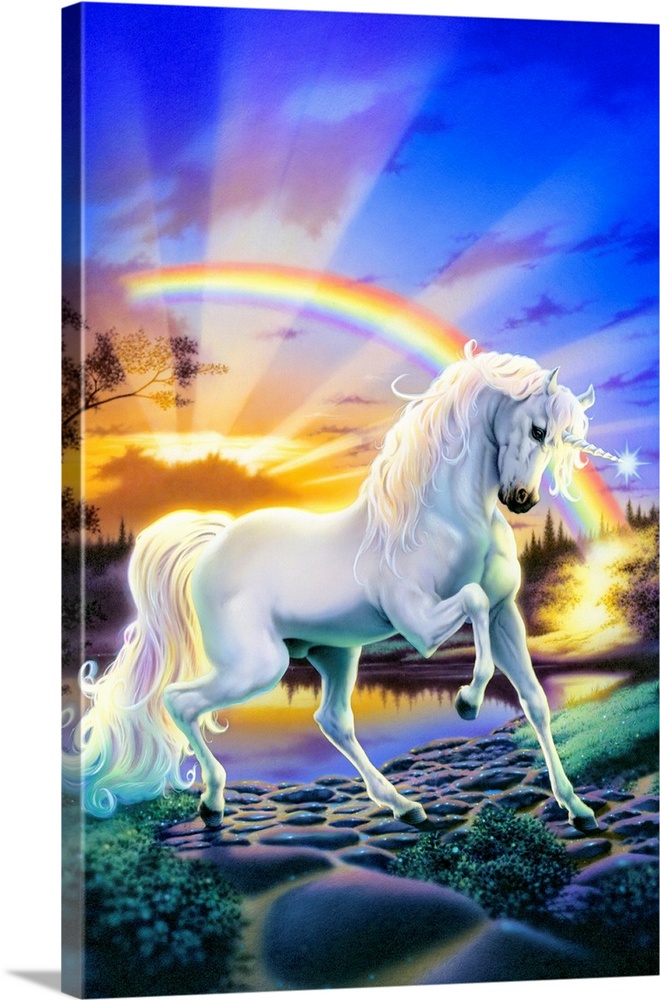 Rainbow unicorn in a fantasy landscape Royalty Free Vector
