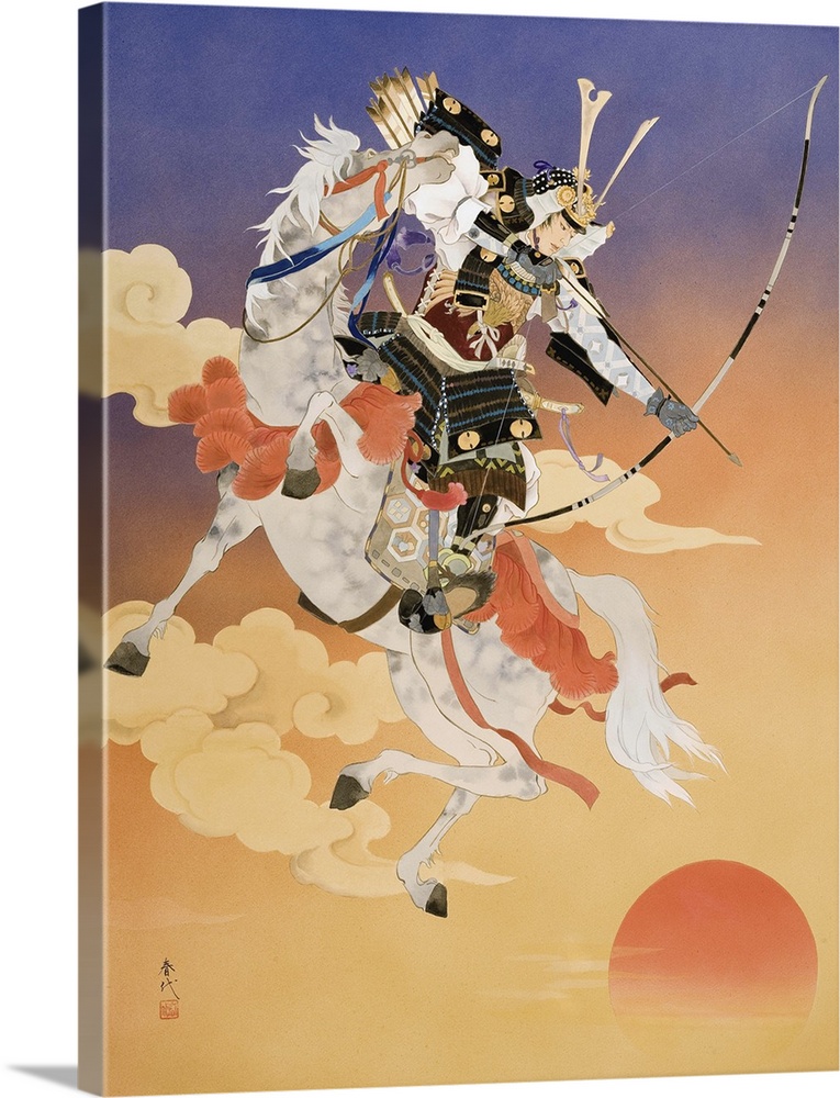 Contemporary colorful Asian art of a samurai warrior on a white horse, with a bow and arrow.