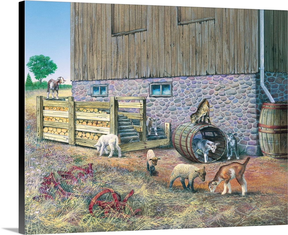 Contemporary painting of young lambs and kids playing on a farm.