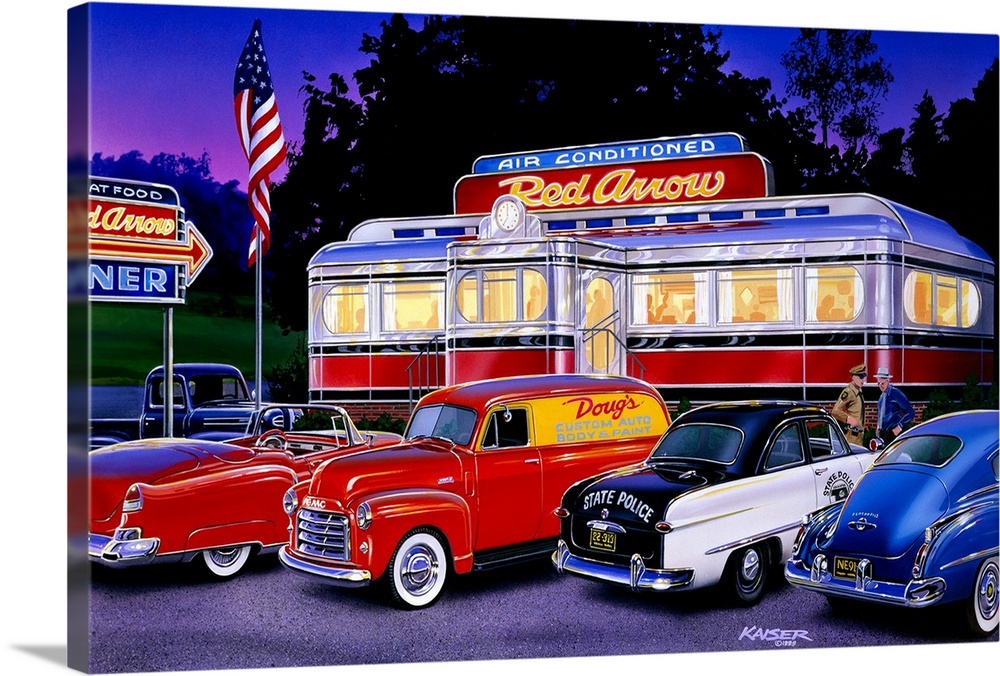 Horizontal artwork on a large canvas of an old style trolley car diner in the early 1950s, lit up at night.  Parked out fr...