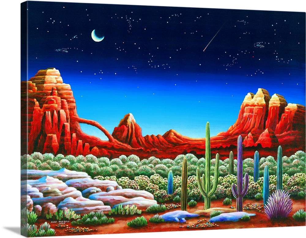 Painting of a desert landscape under a starry night sky.