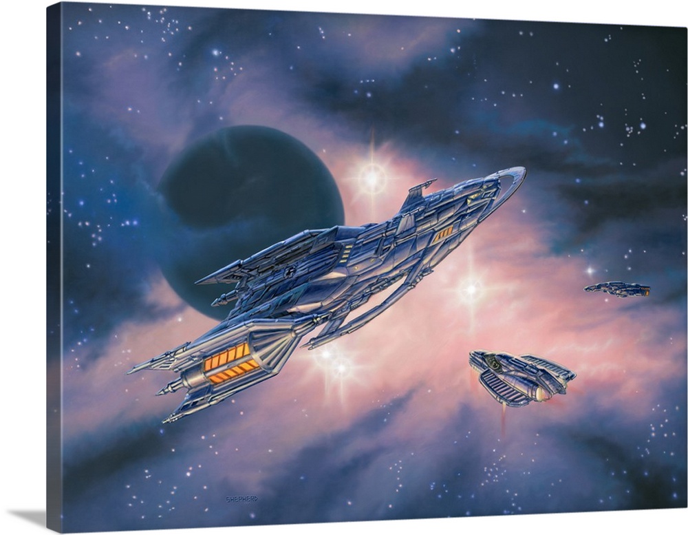 A shuttle transports passengers between ships that have met up inside a purple nebula.