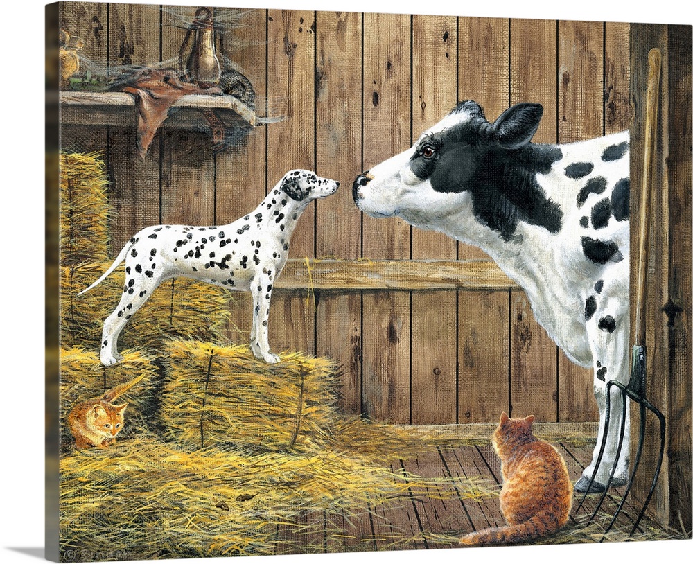 Contemporary painting of a cow and dalmatian standing nose to nose staring at each other.